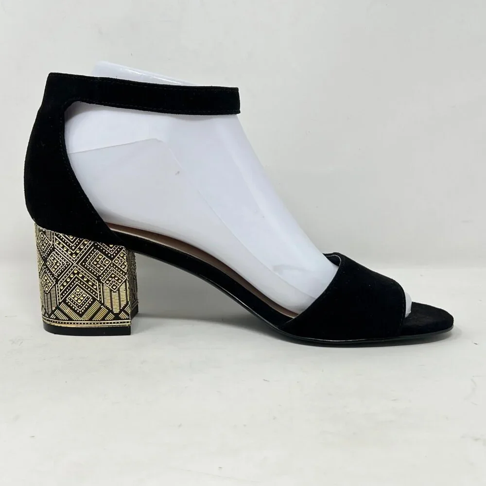 Nine West‎ Black Faux Suede Ankle Strap Gold Design Block Heels Size 6.5M